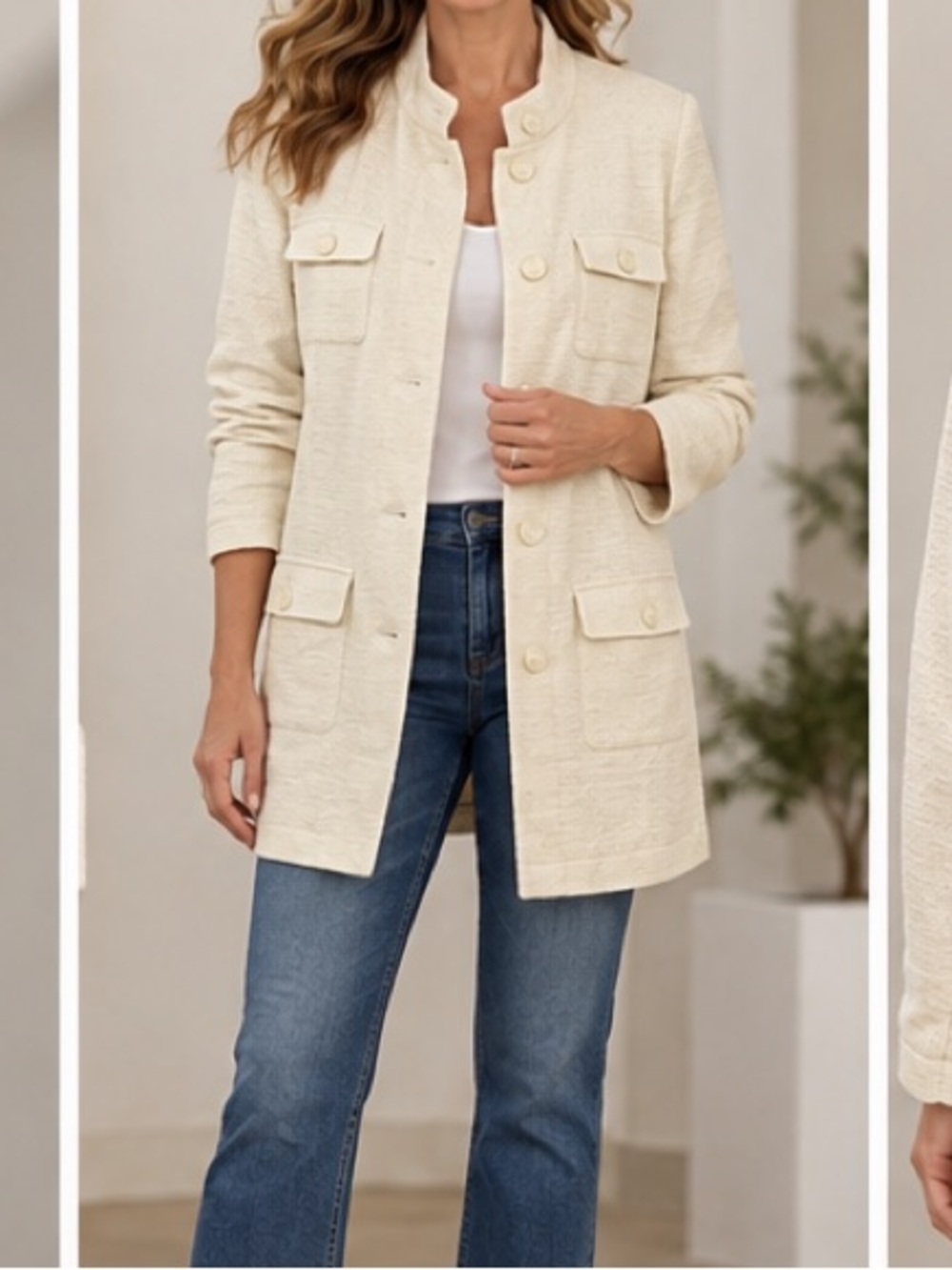 J. Jill Cream/ pale yellow Textured Cotton Longline Jacket – Size L - Picture 1 of 9
